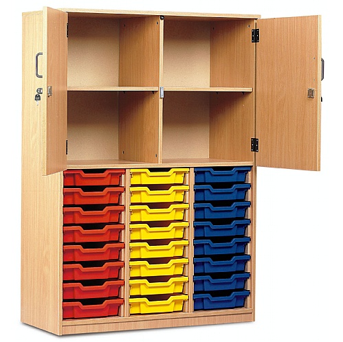 Tray Storage Cupboard with 24 Shallow Plastic Trays - School Furniture