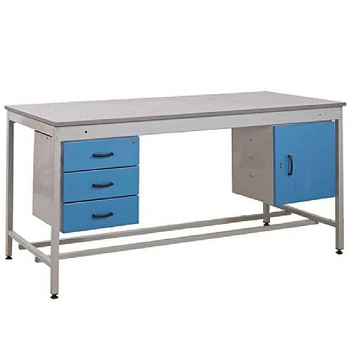 Workbench with Fixed Cupboard, Three Drawer Pedestal - Workshop Products