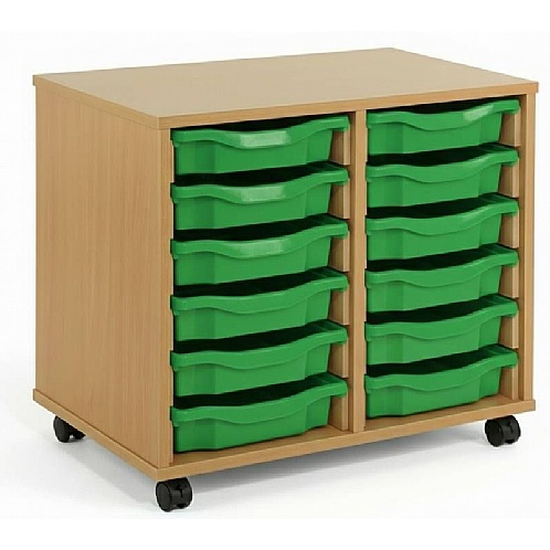 Tray Storage Unit - Mobile With 12 Shallow Plastic Trays - School Furniture