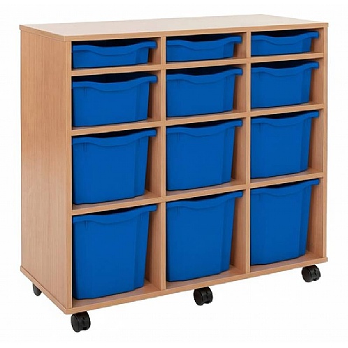 Tray Storage Unit - Tall & Mobile, 12 Mixed-Sized Plastic Trays - School Furniture