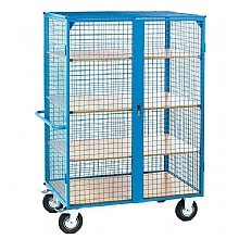 Mesh sided shelf truck with 3 wooden shelves