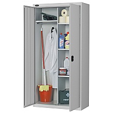 Silver grey janitors cupboard with storage shelves