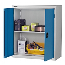 Low steel cupboard with blue doors and one shelf