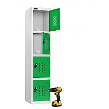 recharge locker for power tools with green doors