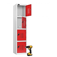 recharge locker for power tools with red doors