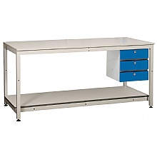 square tube workbench with blue cupbaord