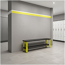 Changing room bench with black slats and yellow frame