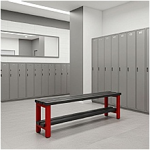 Changing room bench with black slats and red frame