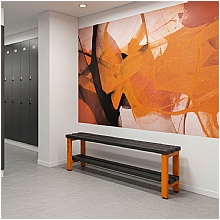 Changing room bench with black slats and orange frame